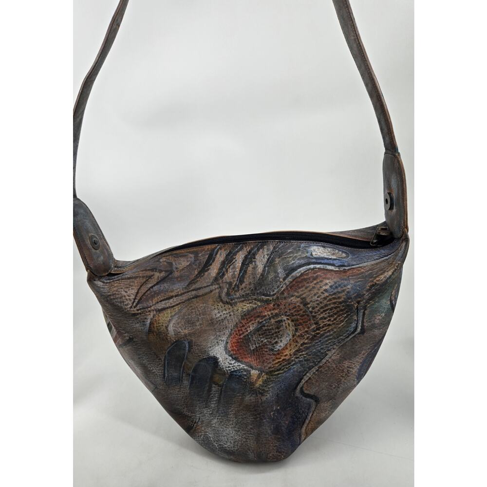 Jane Yoo Vintage Wearable Art Hand Painted Leather Crossbody Bucket Bag Purse - Picture 10 of 16